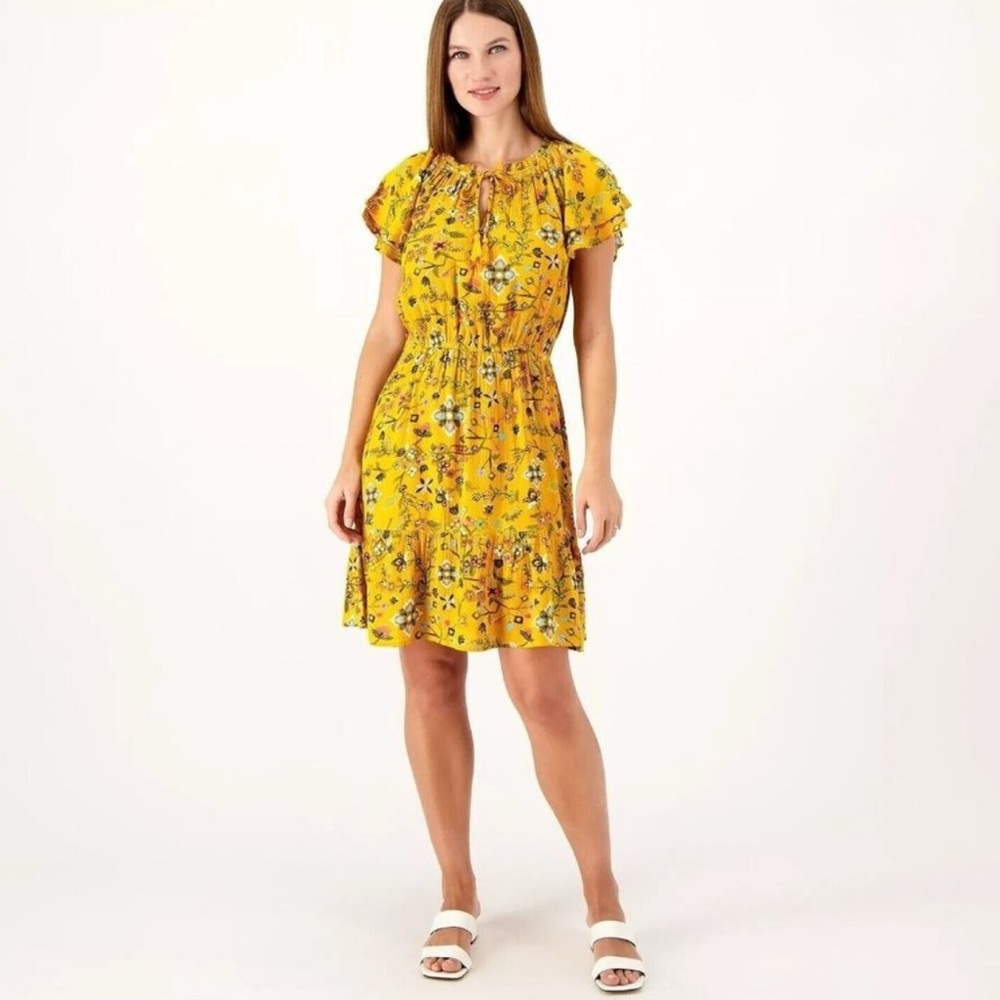 Canyon Retreat Petite Gold Floral Flutter Sleeve Dress w/ Tassel Petite XL